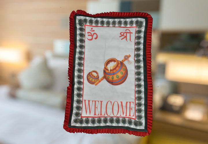 Maakhan Handi with Om - Shri Print Pattern Godadi for Chhathi Pujan with Welcome Text