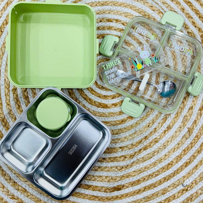 Kids Lunch Box with 3 Compartment Inner Steel, 1 Small Container & 1 Spoon Leakproof BPA Free Heating & Water Insulation