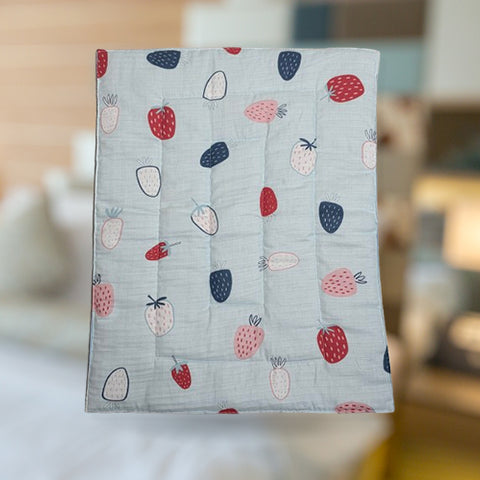 Baby Cotton Crush Muslin Godadi with Strawberry Print Design in Blue ,White & Red Color.