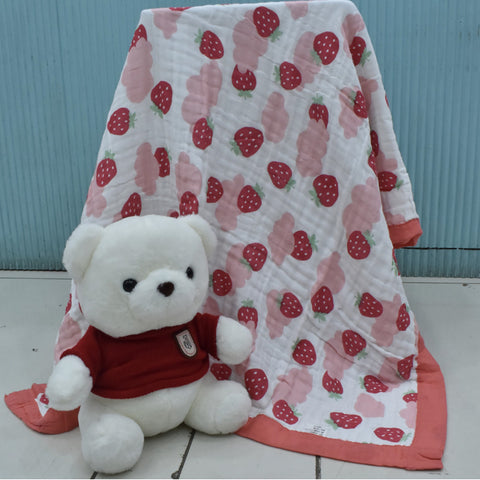 Muslin Baby Blanket - Strawberry Print with 6 Layers - Super Soft, Breathable & All Seasons Multipurpose Blanket for Babies.