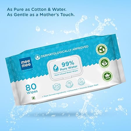Mee Mee Pure Water Wet Wipes with Lid - Unscented, Plant Derived, Super Thick Baby Wet pure Wipes - 80 pcs