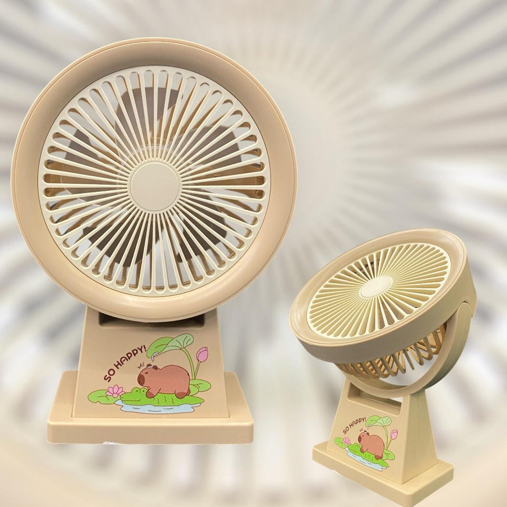 This adorable item is a Capybara-themed rechargeable mini desktop fan, often referred to as the "So Happy!" capybara series. It's designed for personal use on desks, study tables, or bedside stands.