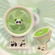 The fan in the image is a Panda-themed mini portable and desktop fan that is USB rechargeable and features multiple speed settings.