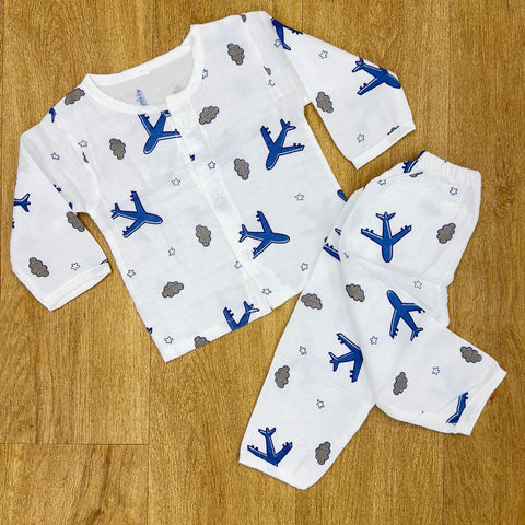 The item in the image is an organic muslin night suit for babies, likely from the brand 