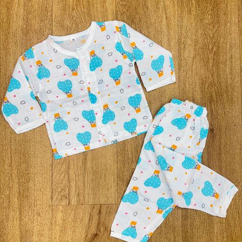 The item pictured is a baby's muslin cotton night suit set featuring a colorful hot air balloon print.
