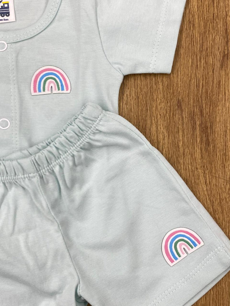 The item in the image is an (Magic train)Unisex Cotton Plain Baby Short Sleeves Suit & Short Pants. The small logo on both the shirt and shorts is a rainbow.