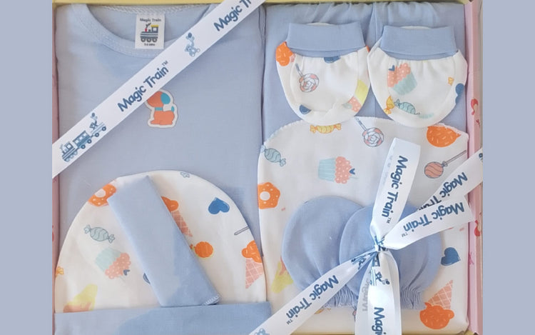 Magic Train New Born Baby Gift Set ( 7 Pcs ) - Blue & White