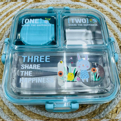 Kids Lunch Box with 3 Compartment Inner Steel, 1 Small Container & 1 Spoon Leakproof BPA Free Heating & Water Insulation