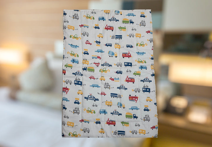 Baby Cotton Crush Muslin Godadi with Vehicle Print Design in Multicolor