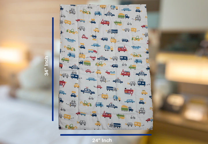 Baby Cotton Crush Muslin Godadi with Vehicle Print Design in Multicolor