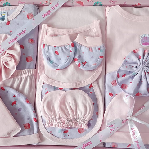 Magic Train New Born Baby Gift Set ( 14 Pcs ) - Pink & Grey