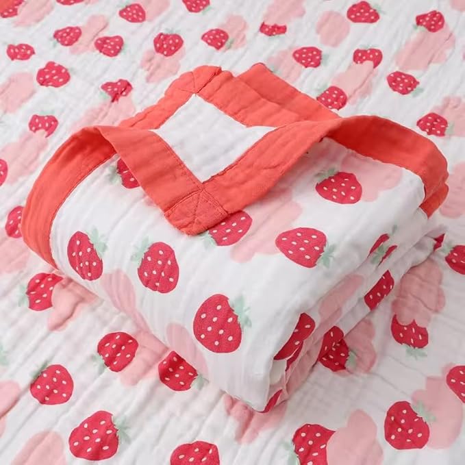 Muslin Baby Blanket - Strawberry Print with 6 Layers - Super Soft, Breathable & All Seasons Multipurpose Blanket for Babies.